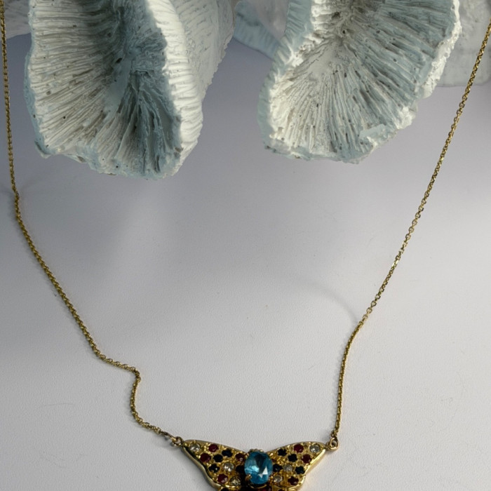 14K Yellow Gold Topaz Ruby Sapphire Diamond Necklace Butterfly
