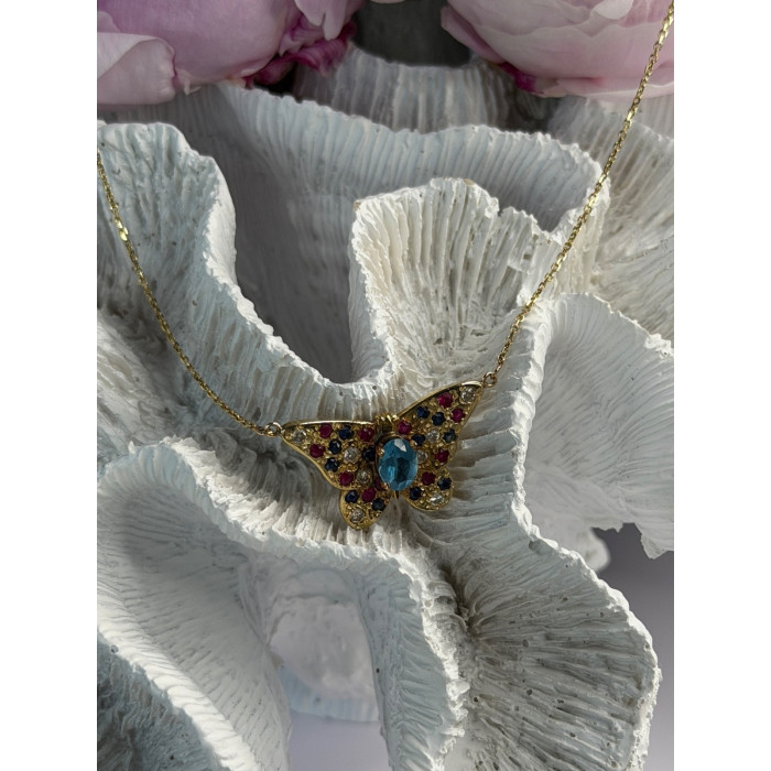 14K Yellow Gold Topaz Ruby Sapphire Diamond Necklace Butterfly
