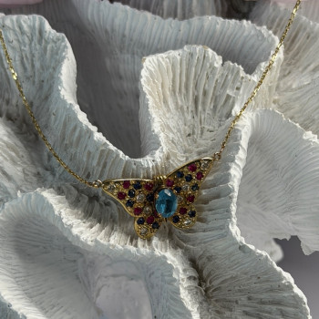 14K Yellow Gold Topaz Ruby Sapphire Diamond Necklace Butterfly