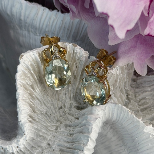10K Yellow Gold Prasiolite & Diamond Earrings