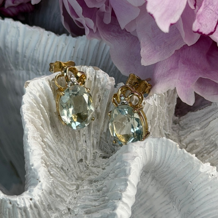 10K Yellow Gold Prasiolite & Diamond Earrings