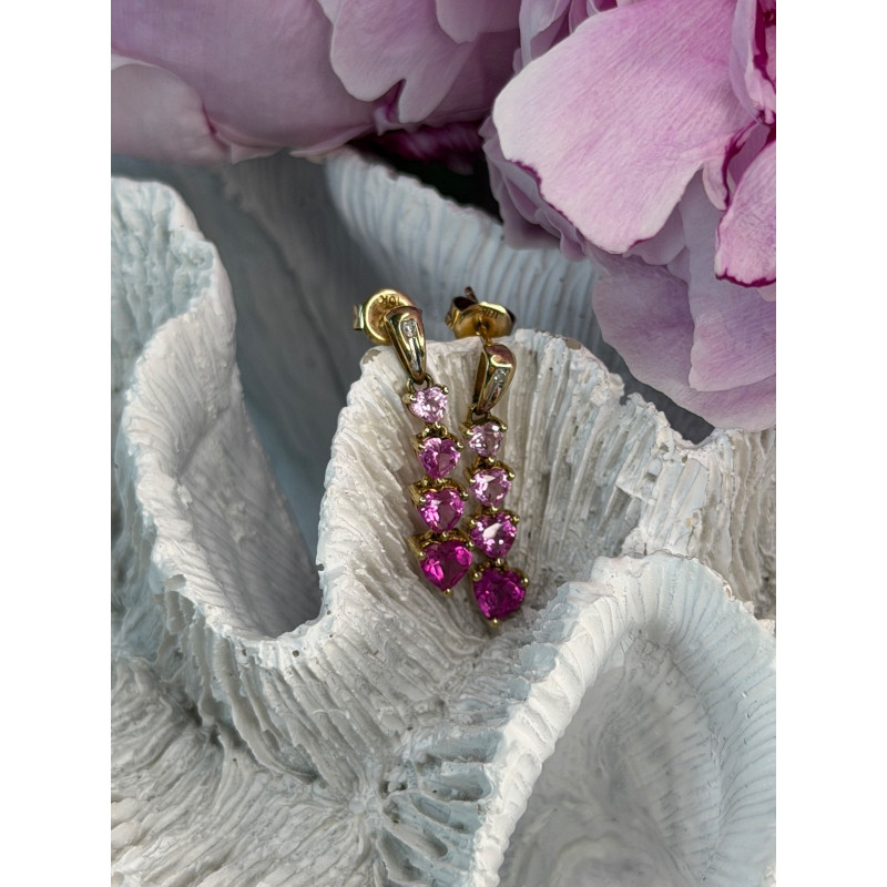10K Yellow Gold Pink Sapphire & Diamond Heart Earrings