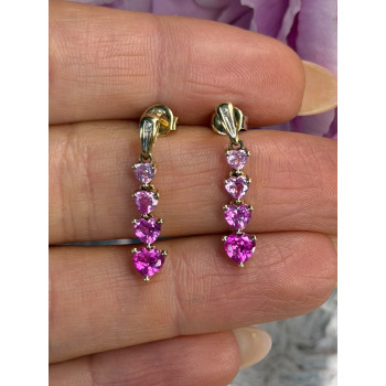 10K Yellow Gold Pink Sapphire & Diamond Heart Earrings