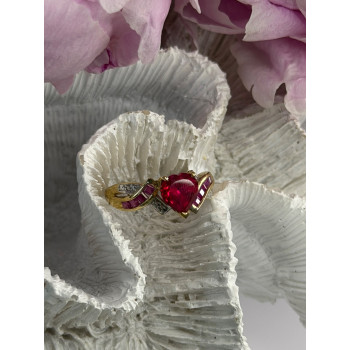 10K Yellow Gold Ruby & Diamond Heart Ring Size 7