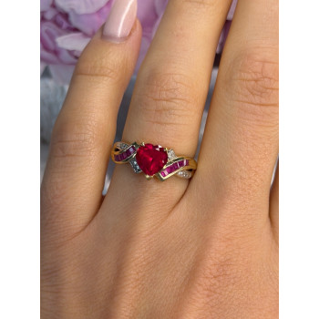 10K Yellow Gold Ruby & Diamond Heart Ring Size 7