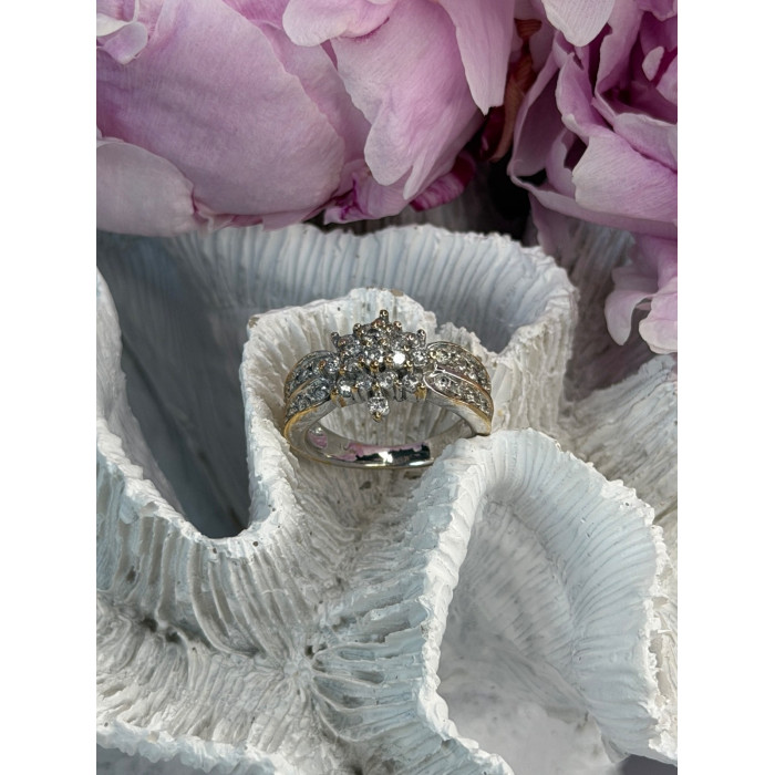 10K Yellow & White Gold Diamond Flower 1.36 ct Ring Size 7