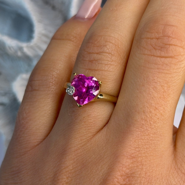 GTR 10K Yellow Gold Pink Sapphire Heart & Diamond Ring Size 7