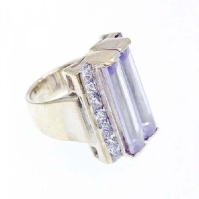 925 Sterling Silver Iolite & CZ Ring Size 7