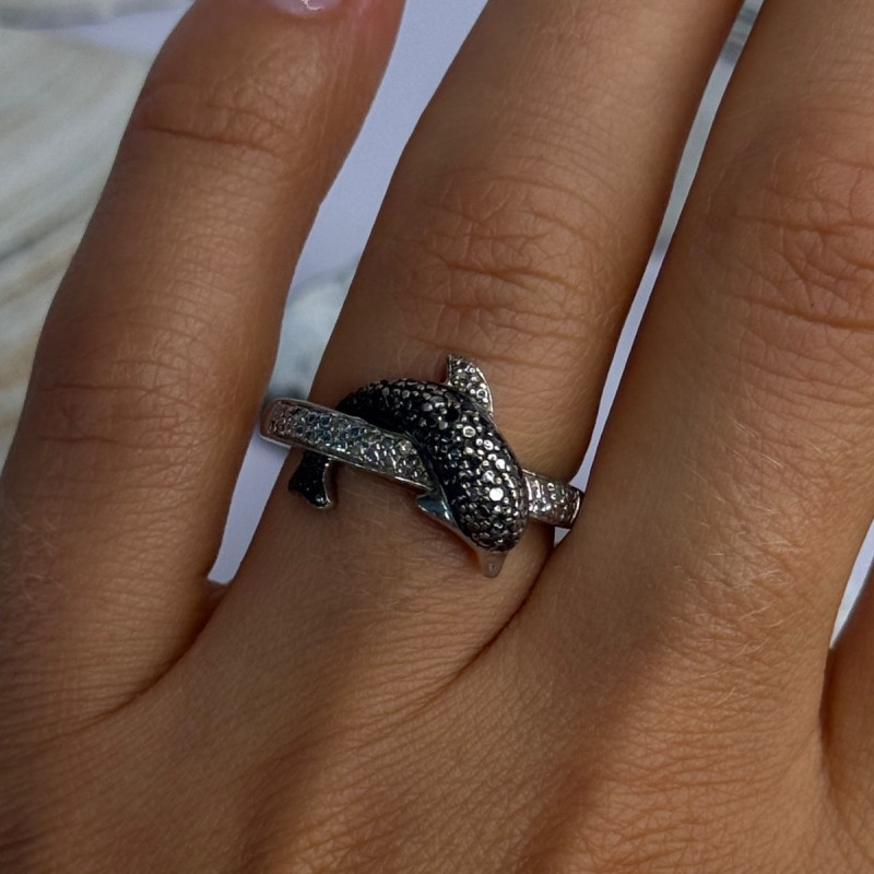 925 Sterling Silver Dolphin Diamond Ring Size 7