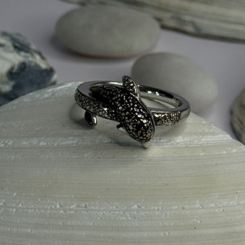 925 Sterling Silver Dolphin Diamond Ring Size 7