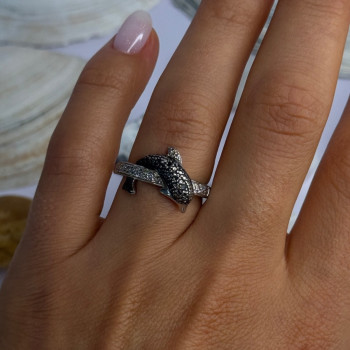925 Sterling Silver Dolphin Diamond Ring Size 7
