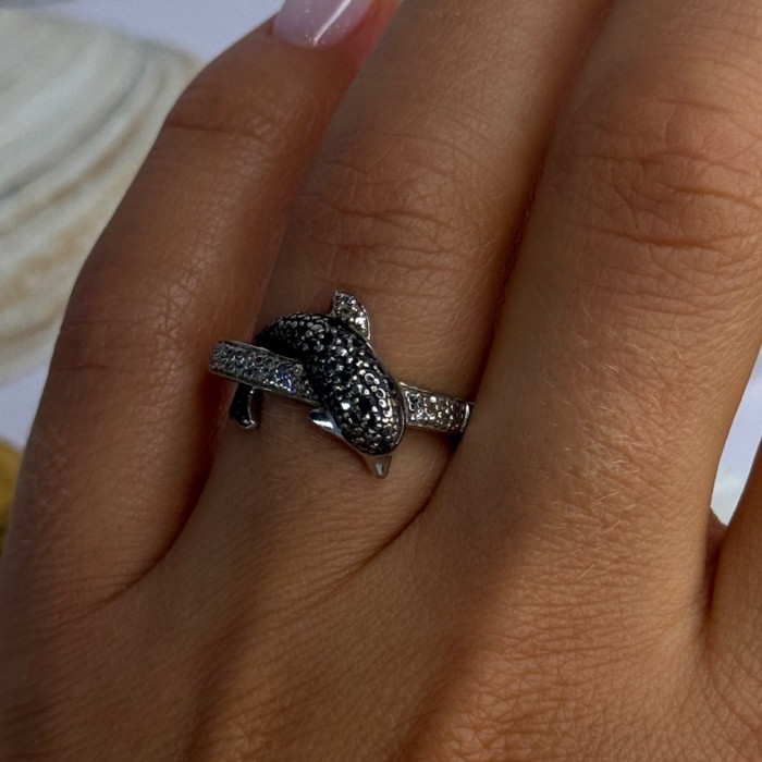 925 Sterling Silver Dolphin Diamond Ring Size 7