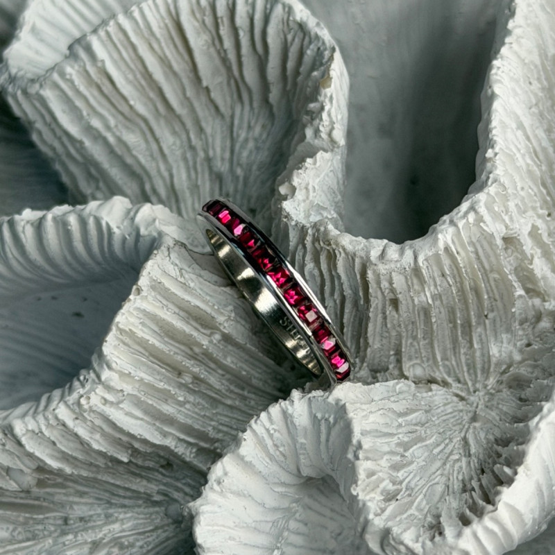 925 Sterling Silver Pink Spinel Band Ring Size 6