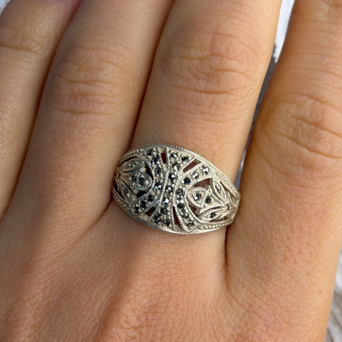 Vintage 925 Sterling Silver Marcasite Ring Size 10
