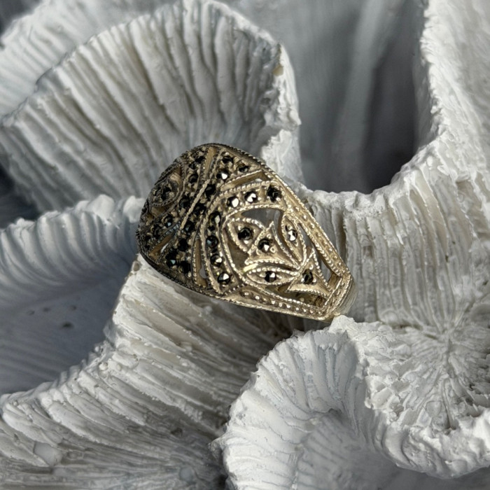 Vintage 925 Sterling Silver Marcasite Ring Size 10