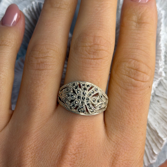 Vintage 925 Sterling Silver Marcasite Ring Size 10