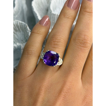 925 Sterling Silver Amethyst & Diamond Ring Size 7