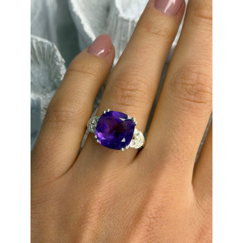 925 Sterling Silver Amethyst & Diamond Ring Size 7