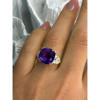 925 Sterling Silver Amethyst & Diamond Ring Size 7