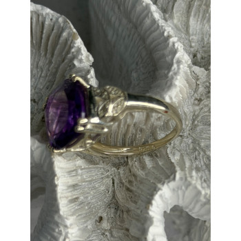 925 Sterling Silver Amethyst & Diamond Ring Size 7