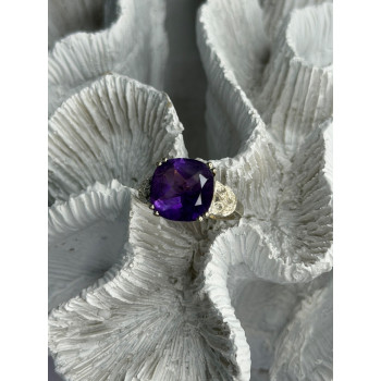 925 Sterling Silver Amethyst & Diamond Ring Size 7