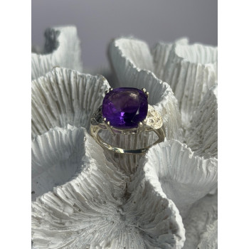 925 Sterling Silver Amethyst & Diamond Ring Size 7