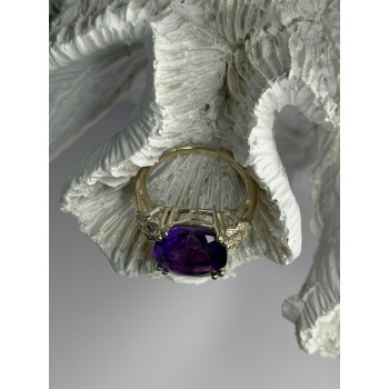 925 Sterling Silver Amethyst & Diamond Ring Size 7