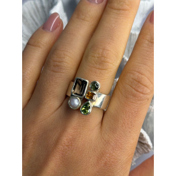 925 Sterling Silver Multi Color Gemstones Ring Size 8