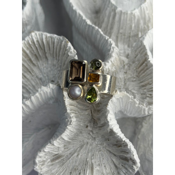 925 Sterling Silver Multi Color Gemstones Ring Size 8