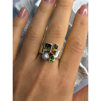 925 Sterling Silver Multi Color Gemstones Ring Size 8