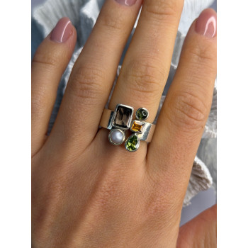 925 Sterling Silver Multi Color Gemstones Ring Size 8