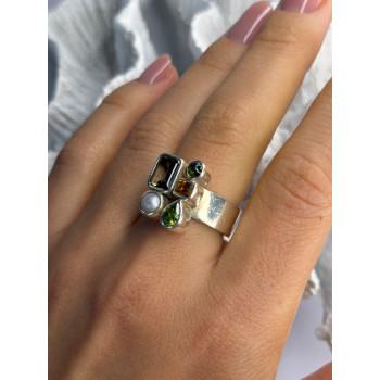 925 Sterling Silver Multi Color Gemstones Ring Size 8