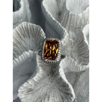 925 Sterling Silver Orange Crystal & Cz Ring Size 5