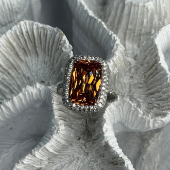 925 Sterling Silver Orange Crystal & Cz Ring Size 5