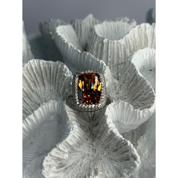 925 Sterling Silver Orange Crystal & Cz Ring Size 5