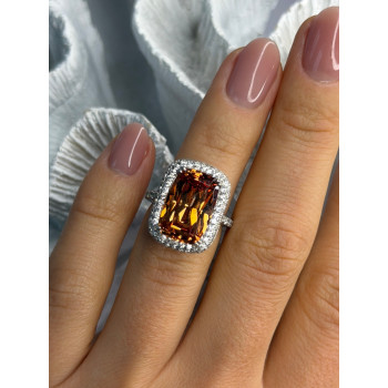 925 Sterling Silver Orange Crystal & Cz Ring Size 5