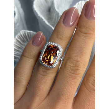 925 Sterling Silver Orange Crystal & Cz Ring Size 5