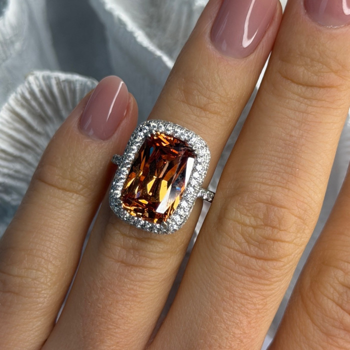 925 Sterling Silver Orange Crystal & Cz Ring Size 5