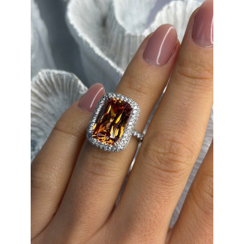 925 Sterling Silver Orange Crystal & Cz Ring Size 5