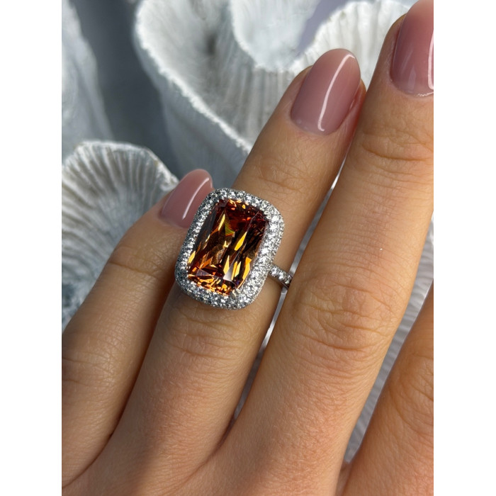 925 Sterling Silver Orange Crystal & Cz Ring Size 5