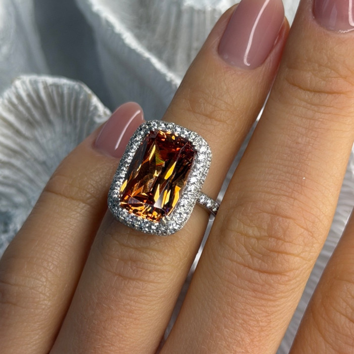925 Sterling Silver Orange Crystal & Cz Ring Size 5