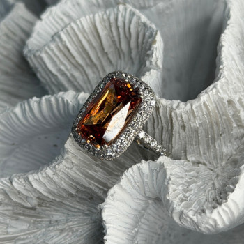 925 Sterling Silver Orange Crystal & Cz Ring Size 5