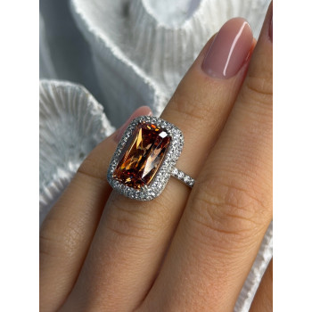 925 Sterling Silver Orange Crystal & Cz Ring Size 5
