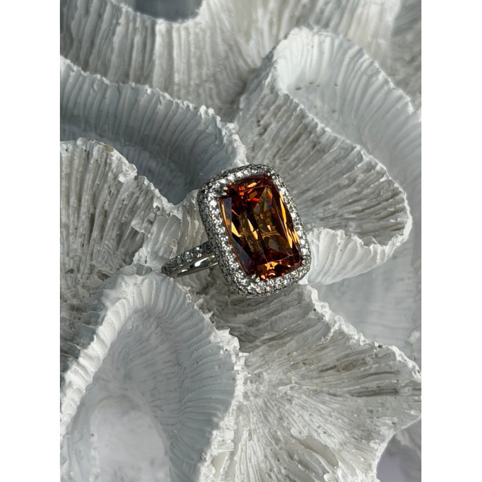 925 Sterling Silver Orange Crystal & Cz Ring Size 5