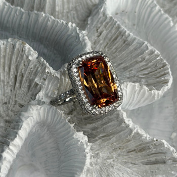 925 Sterling Silver Orange Crystal & Cz Ring Size 5