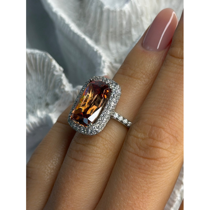 925 Sterling Silver Orange Crystal & Cz Ring Size 5