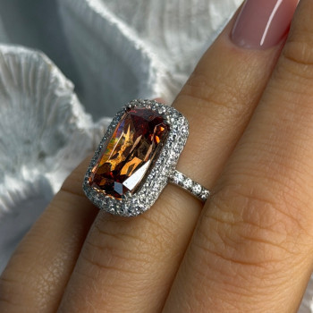 925 Sterling Silver Orange Crystal & Cz Ring Size 5