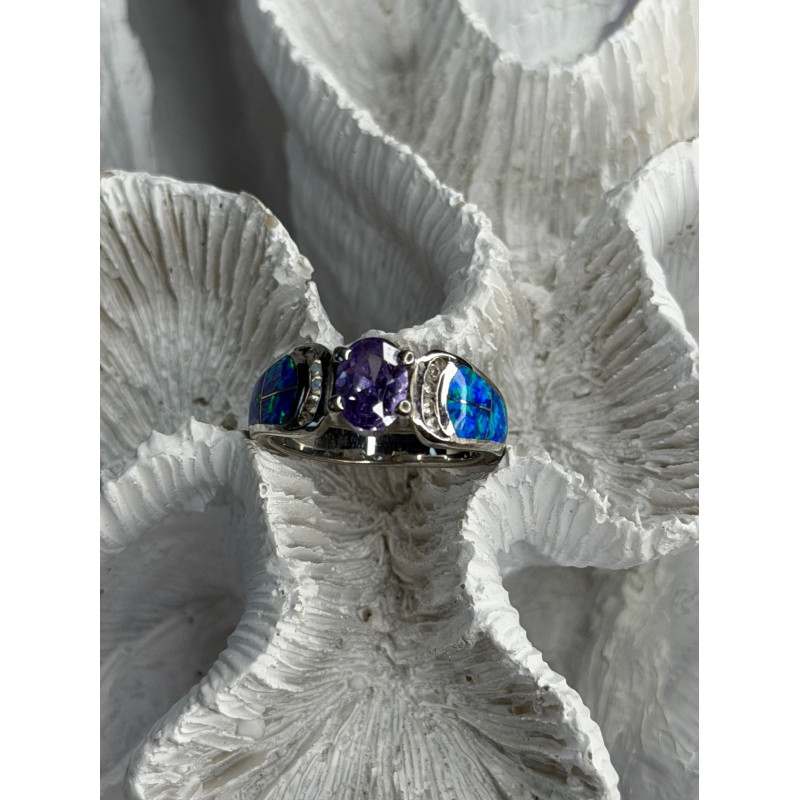AK 925 Sterling Silver Amethyst & Opal & Beryl Ring Size 8