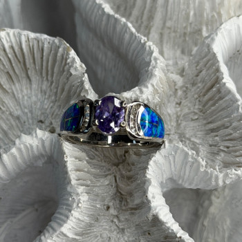 AK 925 Sterling Silver Amethyst & Opal & Beryl Ring Size 8