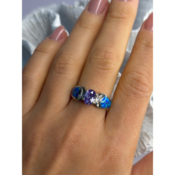 AK 925 Sterling Silver Amethyst & Opal & Beryl Ring Size 8